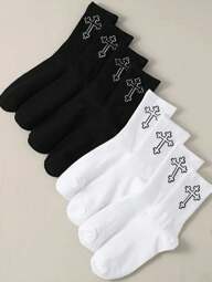 1/2/5/8/10/20 Pairs Men's Versatile Comfortable Plain Black & White Design Mid-Calf Socks, All-Season, Fall