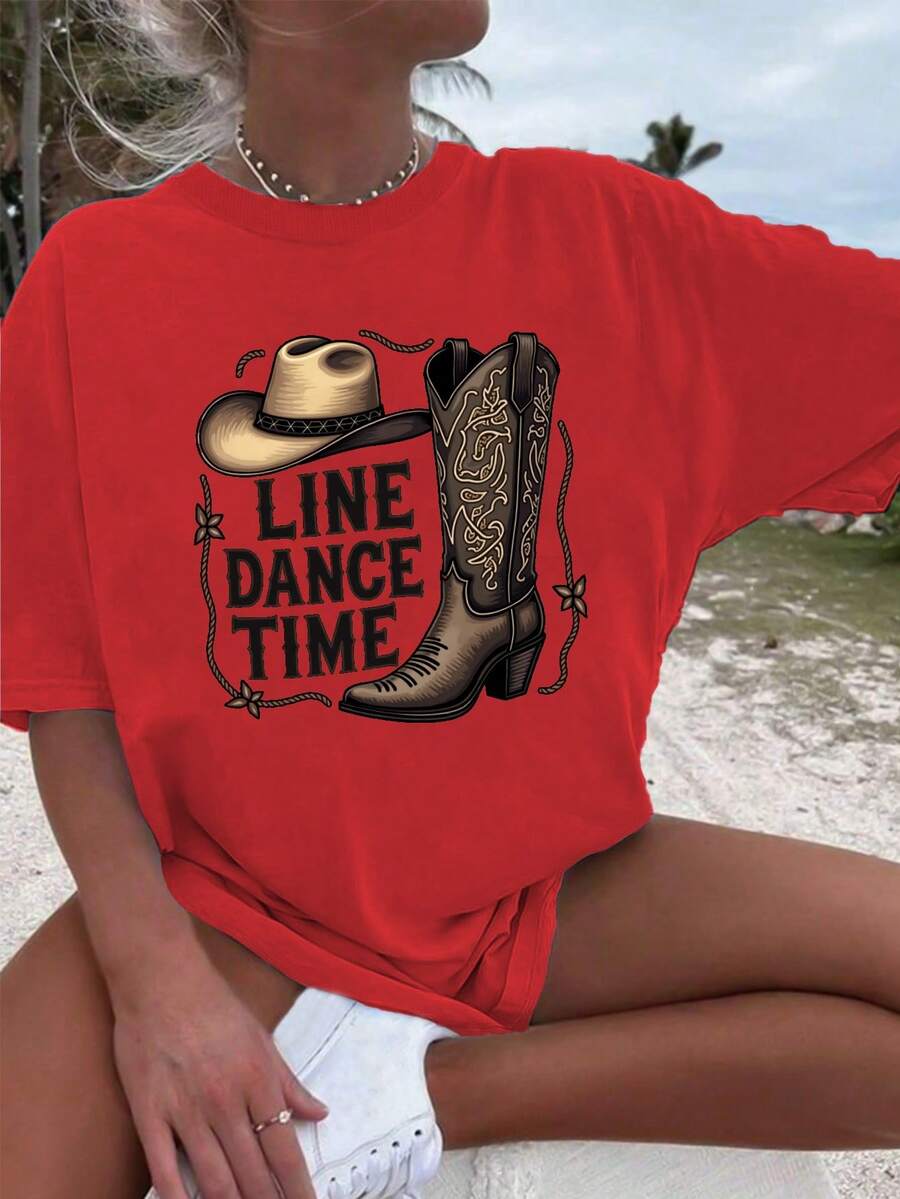 Cowboy Rope LINE DANCE TIME Pure Cotton Women's Fashion T-Shirt - 紅色 - 查看 1
