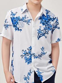 ملابس علوية رجالي كاجوال بأكمام قصيرة فضفاض مزخرف بطبعات الزهور والطيور، ملابس علوية صيفي موضة من البوليستر