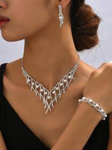 4 件套韩式珍珠首饰套装 - 项链、耳环和手链，优雅新娘婚礼派对配饰 - 白色 - 查看 5