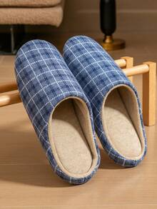 Unisex Silent Indoor Slippers, Fashionable Simple Plaid Upper, Suitable For Office, Wood Floor, Living Room, Bedroom, Non-Slip Home Shoes, Minimalist Elegant Family Footwear - Navy Blue - View 4