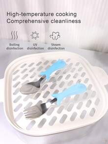 1 pieza Tenedor y cuchara de acero inoxidable para bebé con mango de silicona con forma de delfín, masticable y juguete, ayuda al bebé a disfrutar de la hora de las comidas - Azul - Ver 8