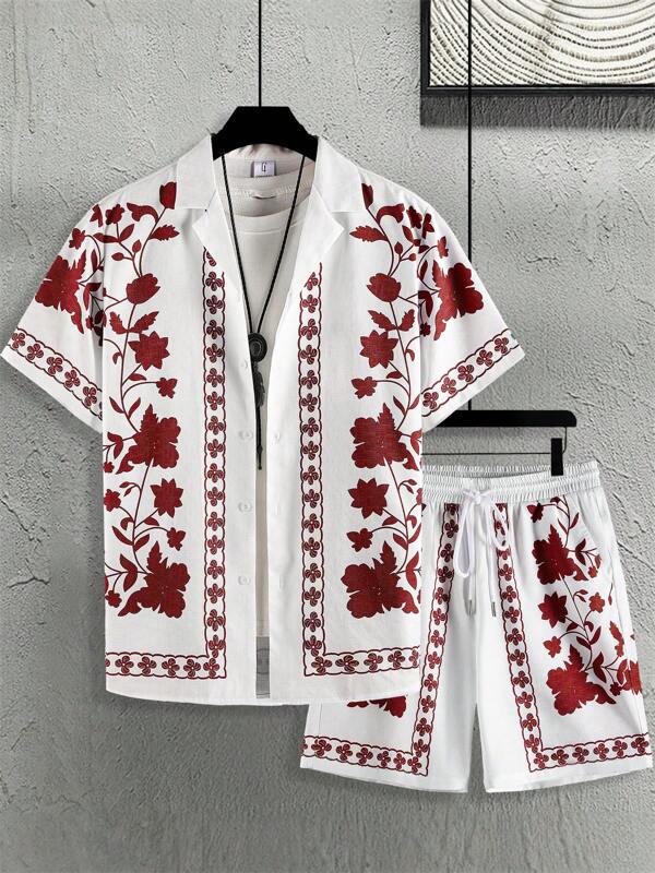Men's Summer Blue & White Porcelain Print Button-Up Drawstring Shorts Set