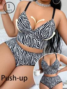Plus Size Women Zebra Print Bra And Panty Set, Wireless Soft & Comfortable Lingerie Set