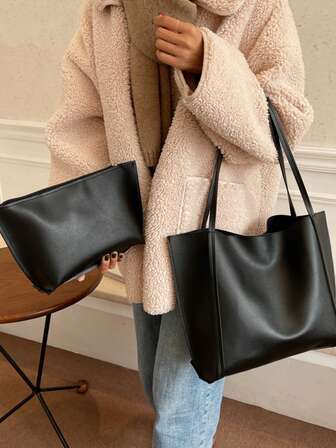 纯色大容量单肩托特包，适合购物、钱包、年轻女性、大学生、初学者、白领人士。非常适合办公室、大学、工作、商务、通勤、户外活动、旅行和野餐