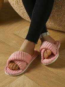 Women's Criss-Cross Open Toe Slippers, Comfortable & Fashionable Fluffy Indoor Slippers With EVA Sole And Coral Fleece Material, Suitable For Parties, Home, And Vacation, All Seasons