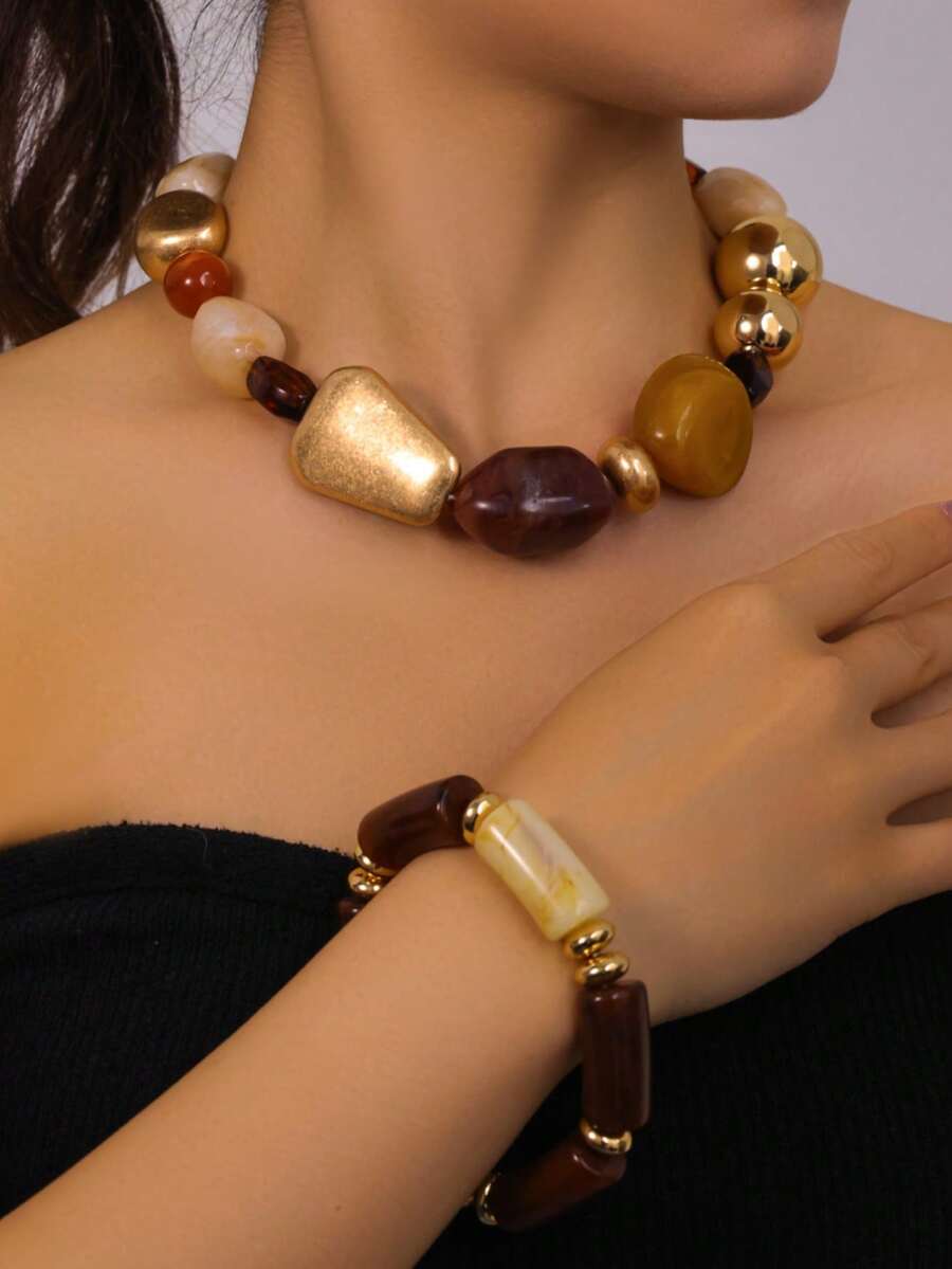 LADYCOCO 2pcs Vintage Boho Exaggerated Resin Beaded Necklace And Bracelet Set, Suitable For Women
