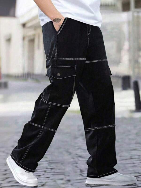 1 pieza Pantalones cargo con múltiples bolsillos para hombre, pantalones casuales de corte holgado para primavera/otoño, adecuados para playa, vacaciones, uso diario, actividades al aire libre, deportes, fitness, trotar, piernas rectas holgadas, ropa de calle de moda para verano