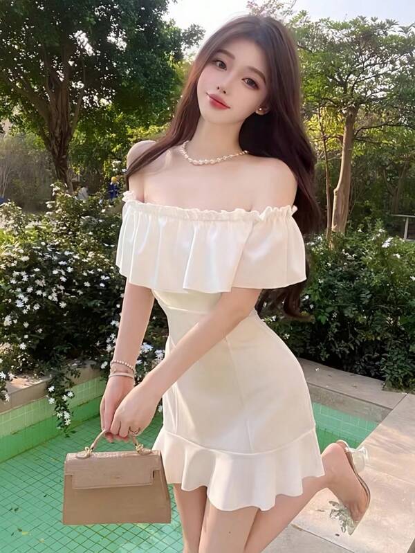Abito mini elegante e alla moda da donna, a spalle scoperte, bianco, adatto per feste, serate e matrimoni