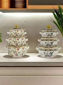 3pcs Enameled Retro Stickers Pot Set, 11.94/13.97/16.0 Cm, Cookware, Stew Pot, Kitchen, Dining, Home Food Storage And Storage, With Dual Handles Outdoor Kitchen Supplies - Portable Outdoor Picnic Camping Cookware, Cookware, Electric Stove, Suitable For Gas, Not Suitable For Microwave, Holiday Gift Set - Vintage Enamel Three-piece Set - View 8