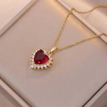 1pc Women's Elegant Red Heart Pendant Necklace, Gold Stainless Steel Chain, Suitable For Valentine's Day, Mother's Day & Birthday - Red - View 1