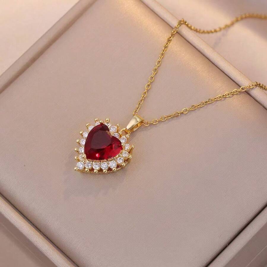 1pc Women's Elegant Red Heart Pendant Necklace, Gold Stainless Steel Chain, Suitable For Valentine's Day, Mother's Day & Birthday - Red - View 1