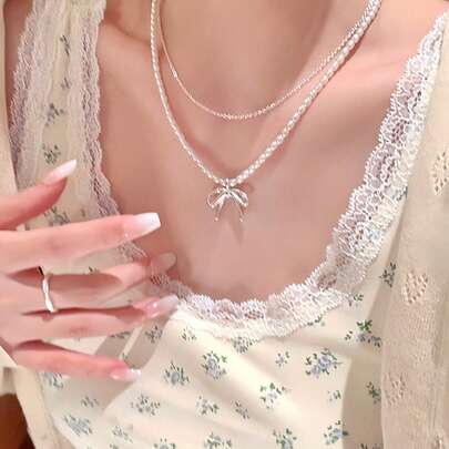 2 件奢华甜美双层水晶蝴蝶结珍珠项链，精致锁骨链项链配饰女士
