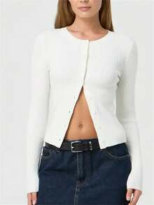 Women's Autumn Sweater Cardigan Solid Color Long Sleeve Round Neck Button Up Ribbed Knitwear - White - View 1