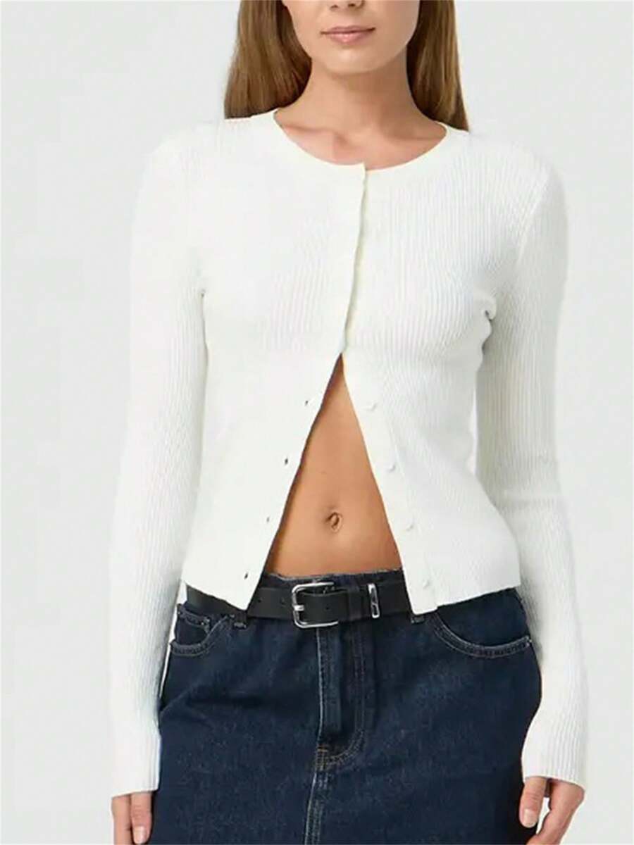 Women's Autumn Sweater Cardigan Solid Color Long Sleeve Round Neck Button Up Ribbed Knitwear - White - View 1