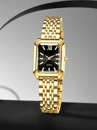 1 件女士合金表带时尚、休闲、优雅、轻奢气质矩形表盘石英表适合日常佩戴或节日礼物