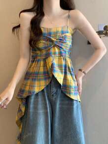 Retro Checkered Camisole, Dopamine Vibes, Sweet & Spicy Asymmetrical Crop Top, Summer