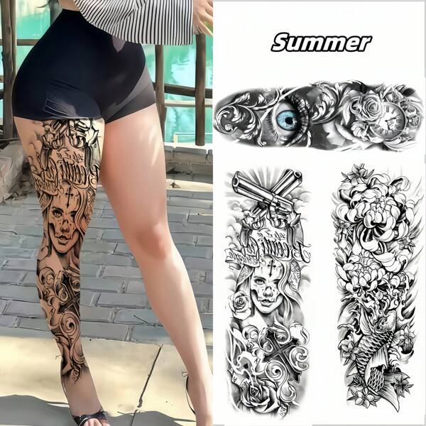 1 Tatuaje temporal impermeable hecho de material impermeable con un elemento de calavera, adecuado para combinar en la cintura, el abdomen y las piernas en Halloween
