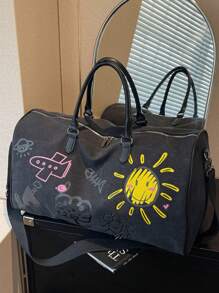 Thickened Canvas Cartoon Graffiti With Childlike Patterns, Wear-Resistant, Multi-Level, Large Capacity, Ultra Light, Foldable, Multifunctional, Zippered Shoulder Crossbody Handbag, Travel Bag, Luggage Bag Bag For School School Accessories School Stuff