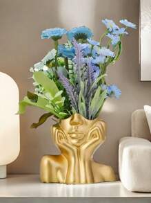 1pc Golden Resin Vase For Decoration, Flower Head Vase, Beauty Tools Storage, Office Stationery Storage, Modern Simple Vase, For Home Decoration Living Room Desk Decoration