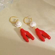 1 Pair Ceramic Red Coral Shell Hoop Earrings, Boho Holiday Style Earrings - Coral Shell Earrings - View 4