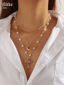 Hihho 3 件套个性化欧式十字架吊坠多层可调节项链，适合女士，镶嵌闪亮锆石，仿珍珠链，适合日常佩戴、送礼和派对 - 金黃色 - 查看 4