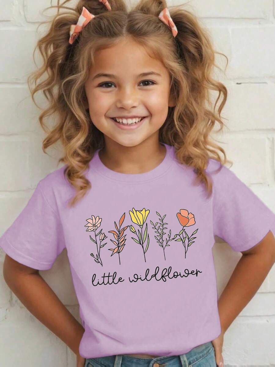 Girls Floral Slogan Print Round Neck Short Sleeve T-Shirt, Casual Spring/Summer Children Clothing - Purple - View 1
