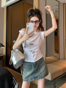 Women's Asymmetrical Asymmetric Shoulder Short Sleeve T-Shirt, Unique Design Cropped Casual Top For Summer