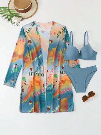 Women 3pcs/Set Long Sleeve Coverup, Elegant Sexy Casual Beach Holiday Outfits