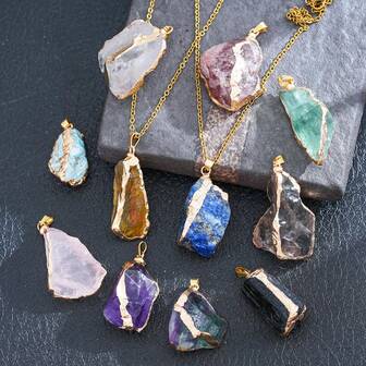 1pc Natural Amethyst Asymmetrical Pendant Raw Stone, Electroplated Gold Plated Rose Quartz Yellow Quartz DIY Jewelry Accessory (Without Chain, Asymmetrical Crystal Stone, Approx. 20g-40g)