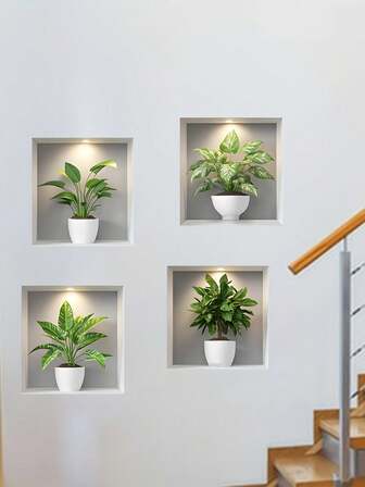 4 Pieces Peel And Stick 3D Wall Stickers: Contemporary Green Plant Pots Wall Decoration For Living Room And Office Room Decor Personalised Stickers