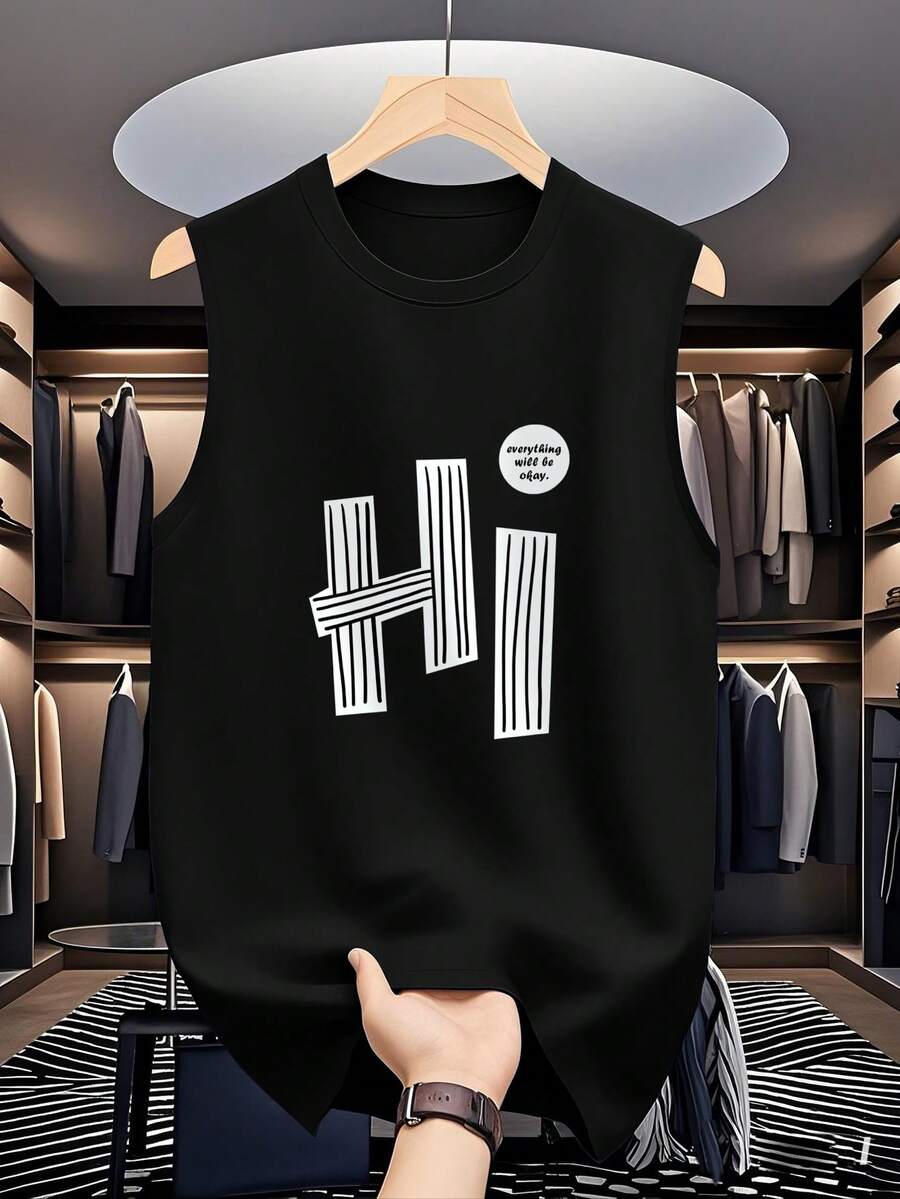 男士圆领字母和美国国旗印花休闲背心 - 黑色 - 查看 1