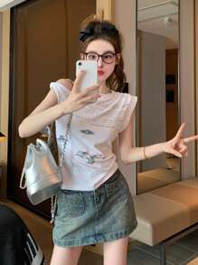 Women's Asymmetrical Asymmetric Shoulder Short Sleeve T-Shirt, Unique Design Cropped Casual Top For Summer