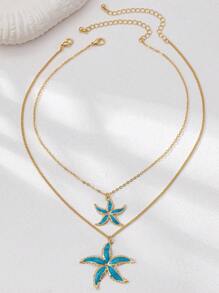 Colar com pingente de estrela do mar esmaltado, estilo oceano, 2 peças, moda verão, joias femininas, adequado para férias na praia e presente de aniversário, uso diário