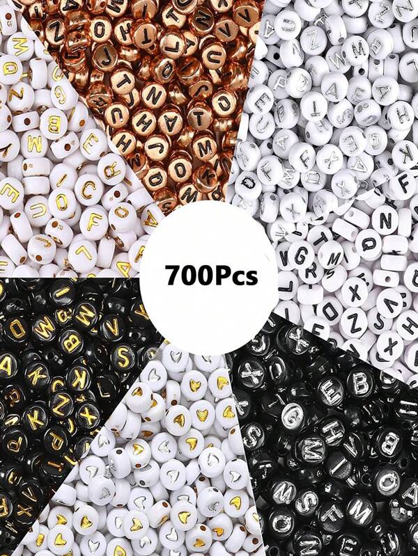 700 pièces/set, 7 couleurs 100 pièces chacune Perles de lettre, perles acryliques de lettre et de numéro pour DIY de bracelet, fournitures de fabrication de bijoux, set de perles de lettre noir blanc coloré