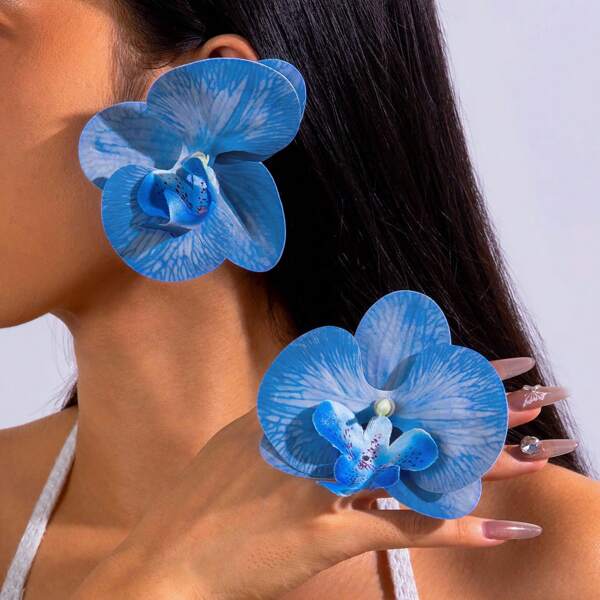 1 par de aretes XXL tipo gota con diseño floral de verano, aretes bohemios tipo flor para playa y viajes, disponibles en rojo y azul