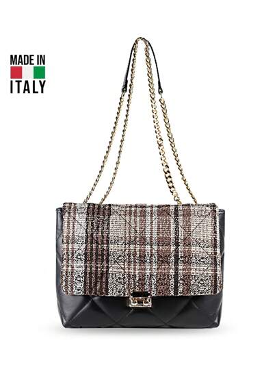 Bolso de hombro para mujer 100% hecho a mano en Italia, de piel de ternera negra genuina y tela multicolor de alta calidad
