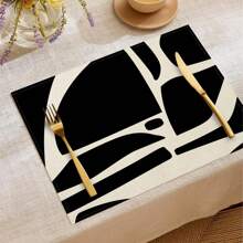 1pc/4pcs/6pcs Daily Use Decorative Placemats, Black And White Geometric Linen Placemats, Dirt-Resistant Placemats, Suitable For Home, Restaurant And Cafe, Dining Table Decor, Home Goods