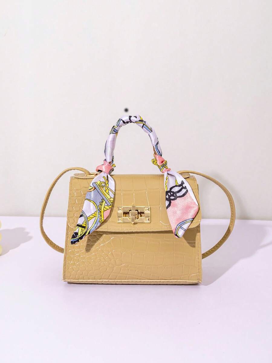 1pc Girls Mini Solid Color Crossbody Bag, Scarf Decor Handbag, Ideal For Daily Use And Gift Giving - Khaki - View 1