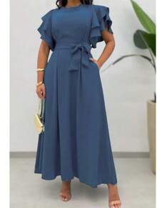 Duna Women's Long Midi Dress In Linen With Ruffle Sleeves And Belt - Quần Jeans Xanh - Xem 1