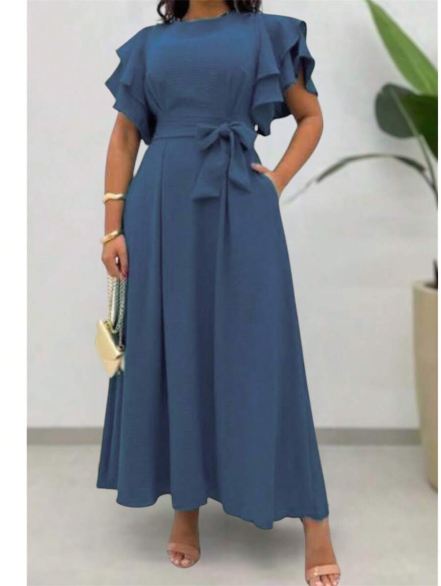 Duna Women's Long Midi Dress In Linen With Ruffle Sleeves And Belt - Quần Jeans Xanh - Xem 1