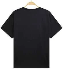 Camiseta holgada de verano para mujer, de unicolor, cuello redondo, manga corta, con estampado de letra casual - Negro - Ver 5