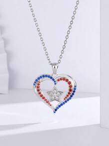 1pc U.S. July 4th Independence Day Women's Rhinestone Heart Flag Pendant Necklace, Elegant & Fashionable Charm Choker Necklace