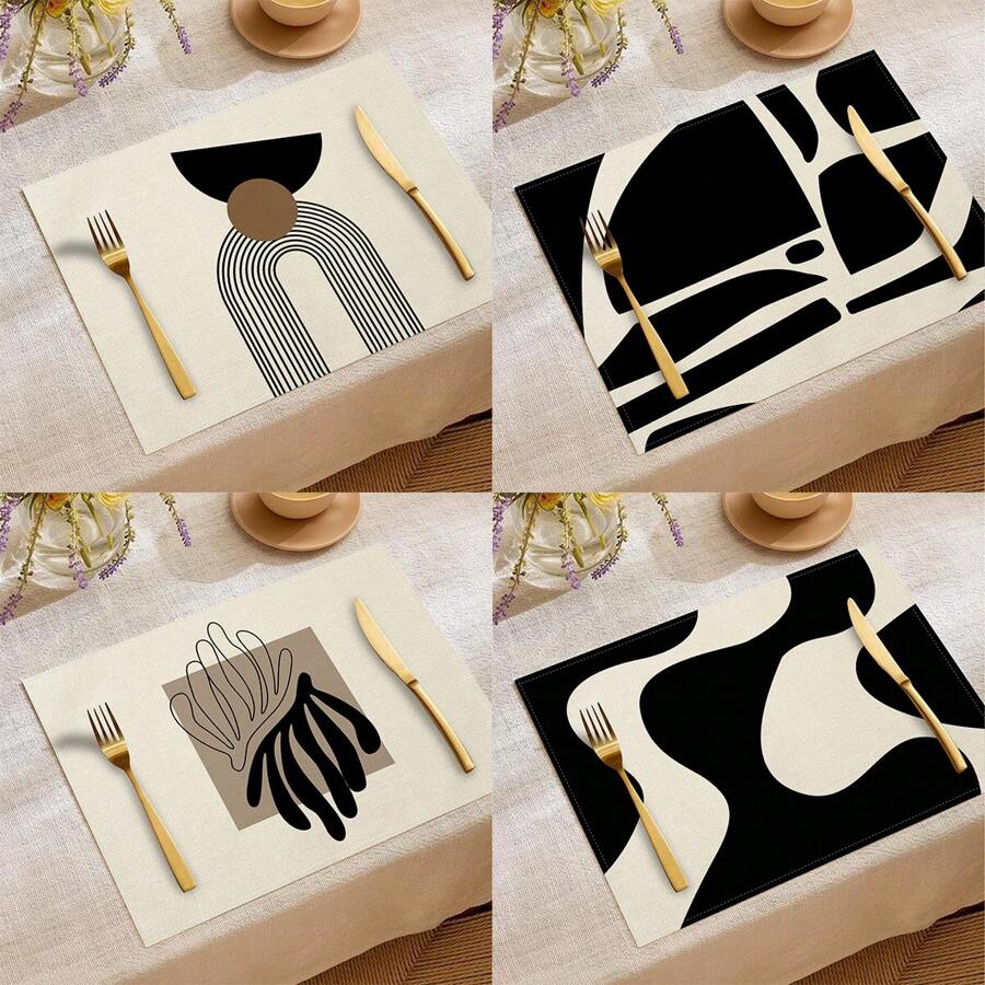 1pc/4pcs/6pcs Daily Use Decorative Placemats, Black And White Geometric Linen Placemats, Dirt-Resistant Placemats, Suitable For Home, Restaurant And Cafe, Dining Table Decor, Home Goods