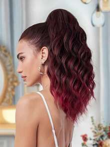 16 Inch Brown With Burgundy Curly Ponytail Wig, Heat Resistant Fiber - Red Ombre - View 9