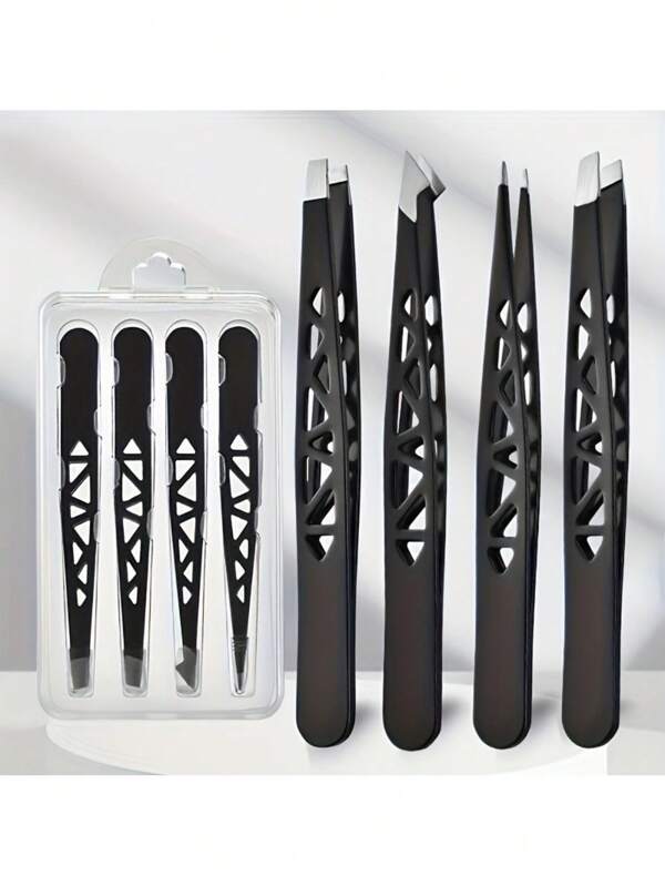 4pcs Stainless Steel Grooming Tweezer Set, Black/Silver, Includes Slanted Tip For Eyebrow Shaping, Pointed Tip For Hair Removal, Flat Tip For Contouring, Slanted Tip Also For Beard Trimming