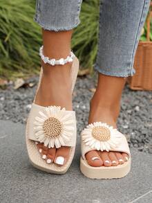 女士 2025 新款休闲舒适时尚百搭性感露趾向日葵绳方头凉鞋，适合度假、海滩、游泳池，防滑、耐用平底拖鞋 - 白色 - 查看 6