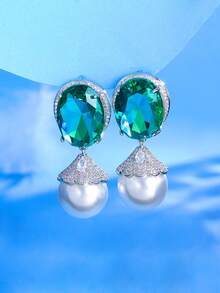 1 Pair Glamorous Big Oval Green Cubic Zirconia Luxury Long Dangling Drop Pearl Engagement Wedding Party Earrings For Women High-End Chunky Jewelry - Green - View 8