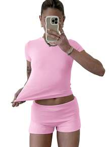 2pcs/Set Casual Solid Color Short Sleeve T-Shirt And Shorts, Spring And Summer Workout Crop Tops - 粉色 - 查看 2