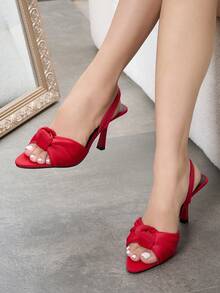Women's Pleated Knot Decor Pointed Toe Elastic Strap High Heel Sandals, Elegant For Party, Daily Wear, Gathering, Festival, Commuting, Spring/Summer, Fashion Red Satin High Heel Sandals, Suitable For Dresses, Gowns, Weddings - Red - View 17